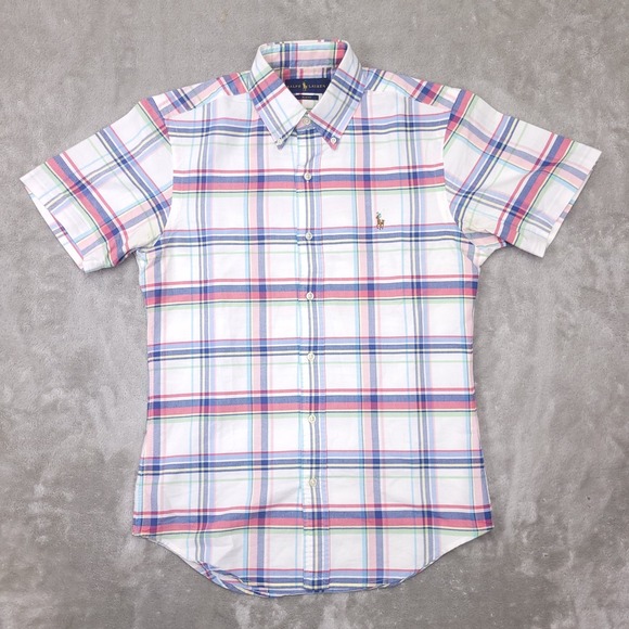 Ralph Lauren White Plaid Slim Fit Short Sleeve Button Up Shirt Men's size Small - Picture 1 of 8